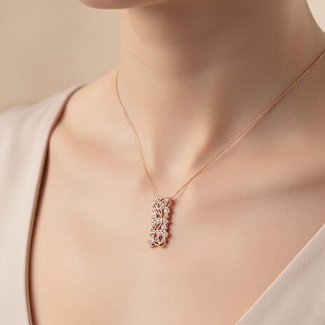 D'Joy Natural Pink Diamond Leaf Vine Pendant in 18K Vermeil Rose Gold Plated Sterling Silver 0.20 Cts