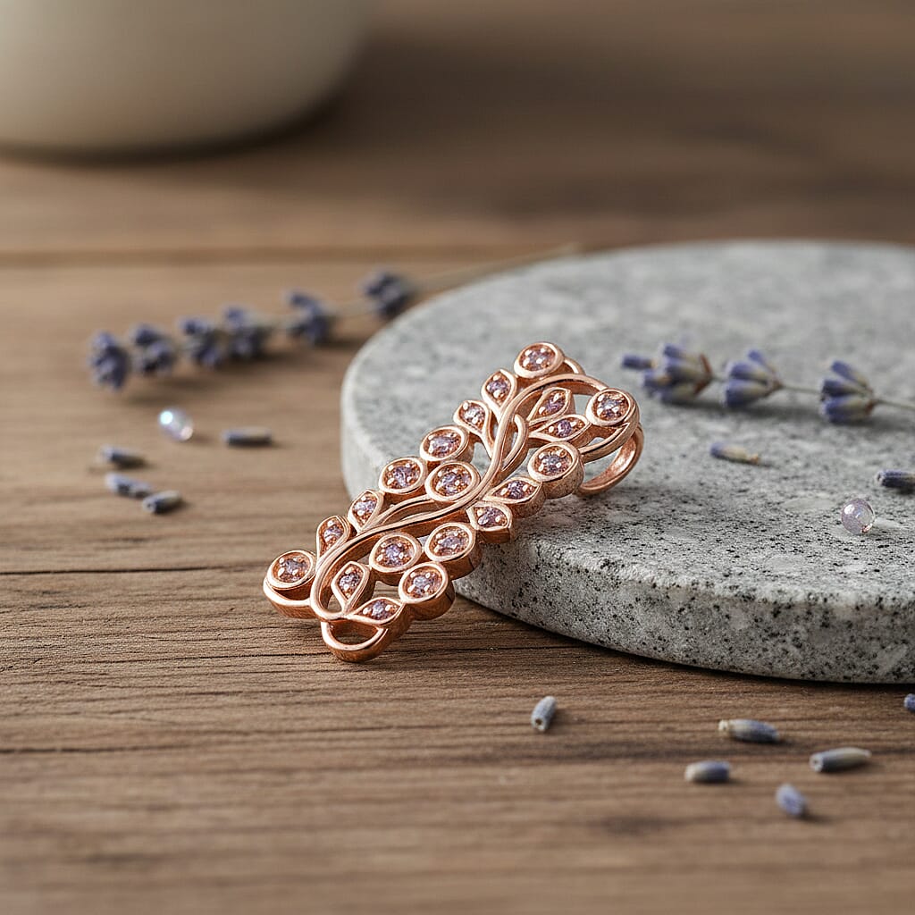D'Joy Natural Pink Diamond Leaf Vine Pendant in 18K Vermeil Rose Gold Plated Sterling Silver