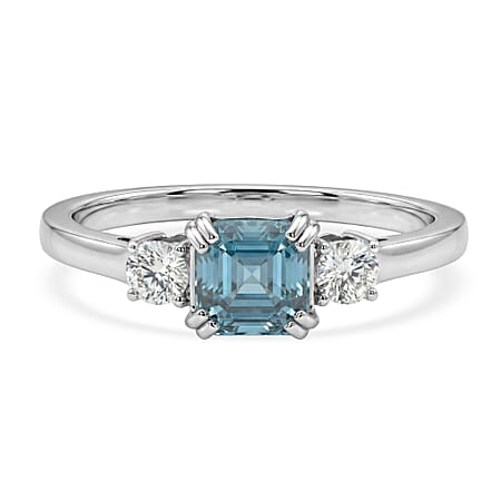 LUXURIANT Lab Grown Diamond, Blue Zircon Three-Stone Emerald-Cut Ring in Rhodium Overlay Sterling Silver 1.61 Ct.