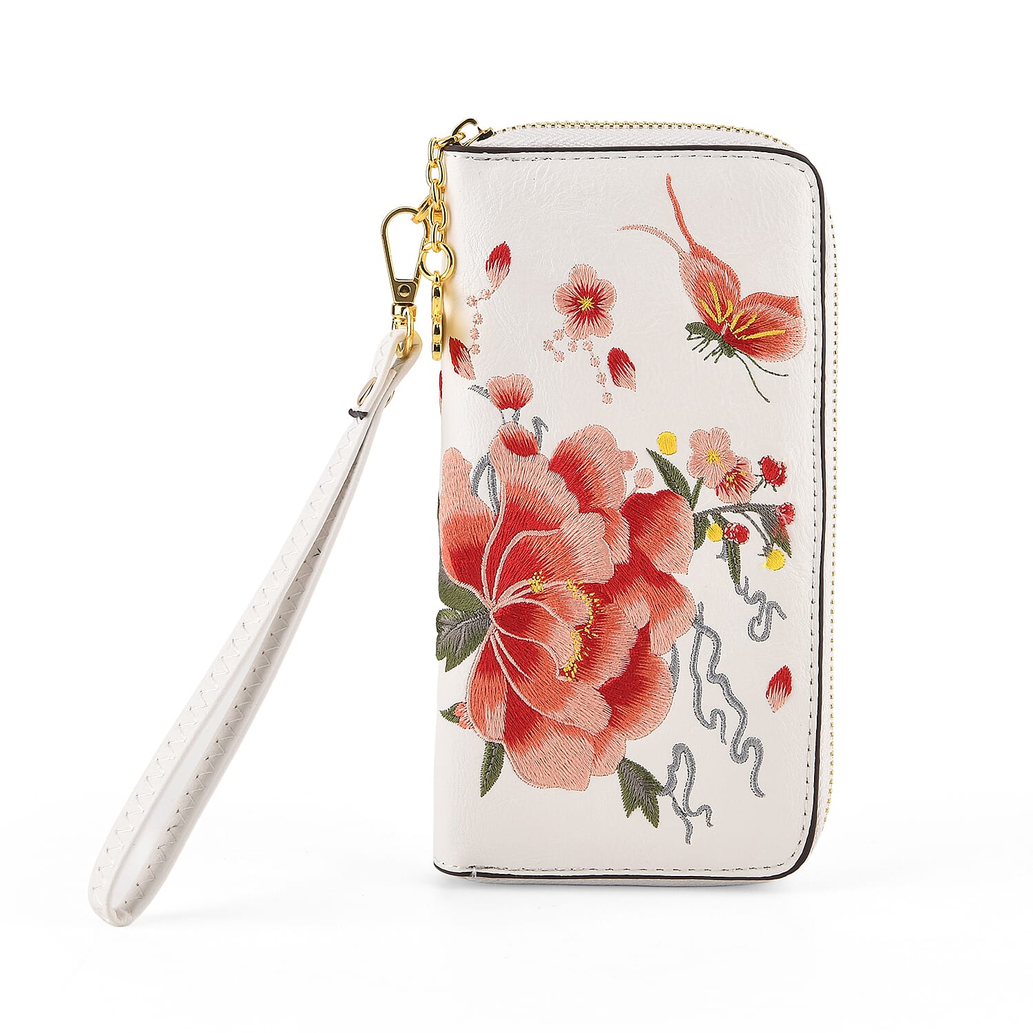 Botanical Embroidered Zip-Around Wristlet Wallet - White