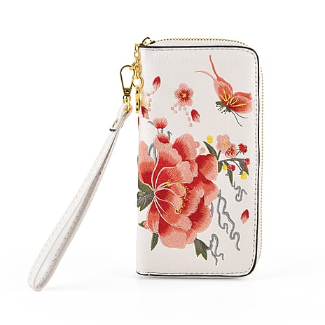 Botanical Embroidered Zip-Around Wristlet Wallet - White