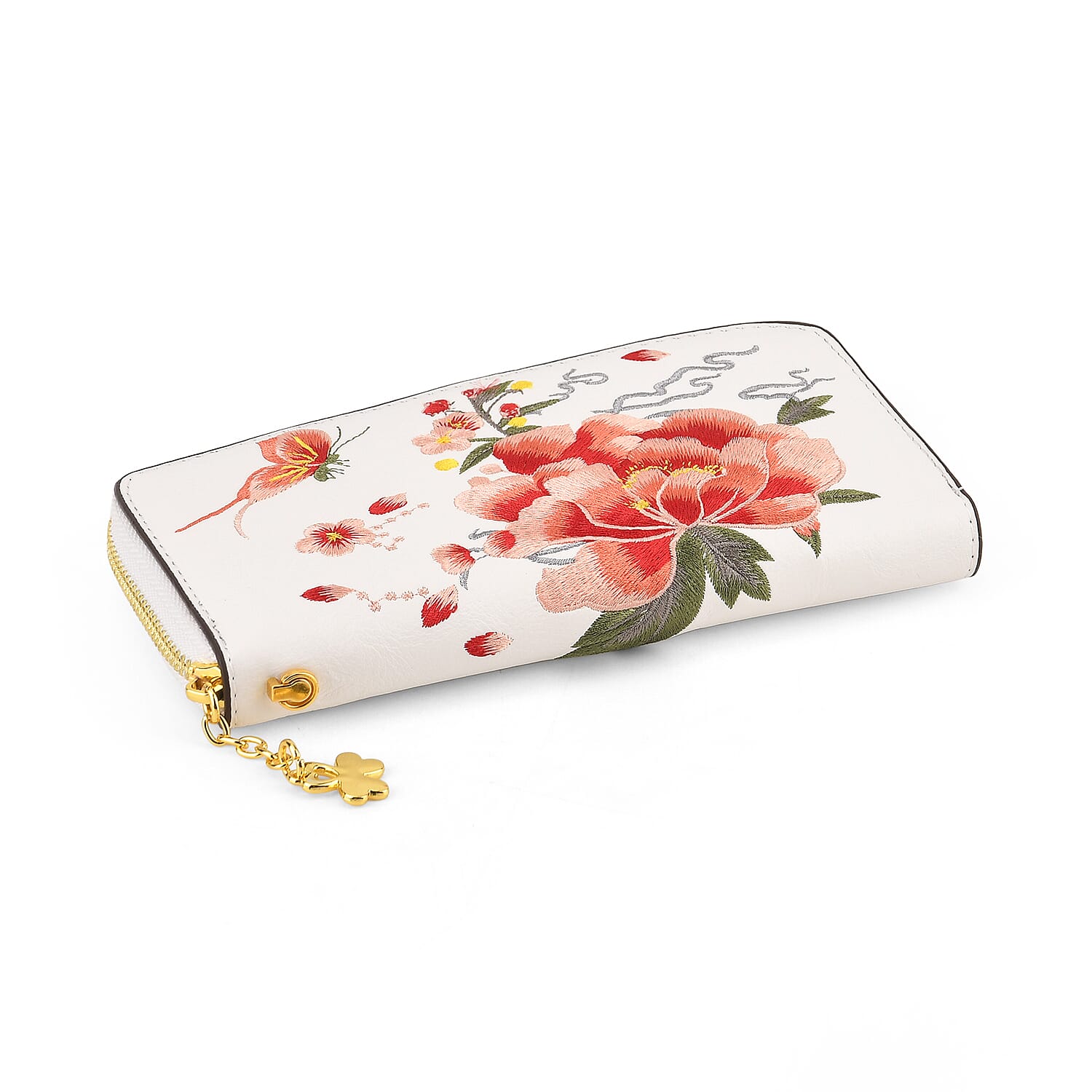 Botanical Embroidered Zip-Around Wristlet Wallet - White
