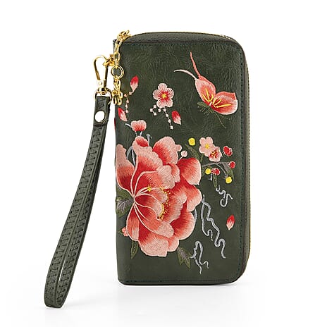 PU Embroidery Wallet (Size 19x10x3 ) - Green