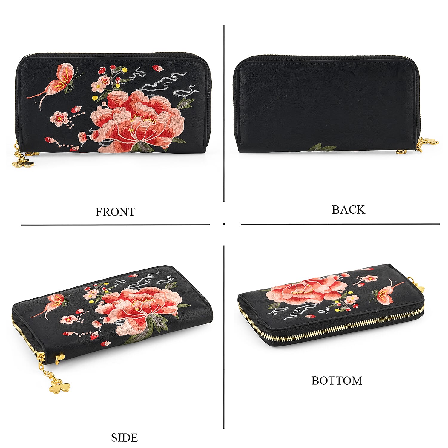 PU Embroidery Wallet (Size 19x10x3 ) - Black