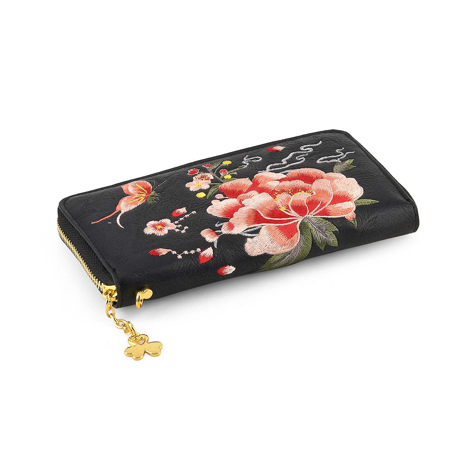 PU Embroidery Wallet (Size 19x10x3 ) - Black