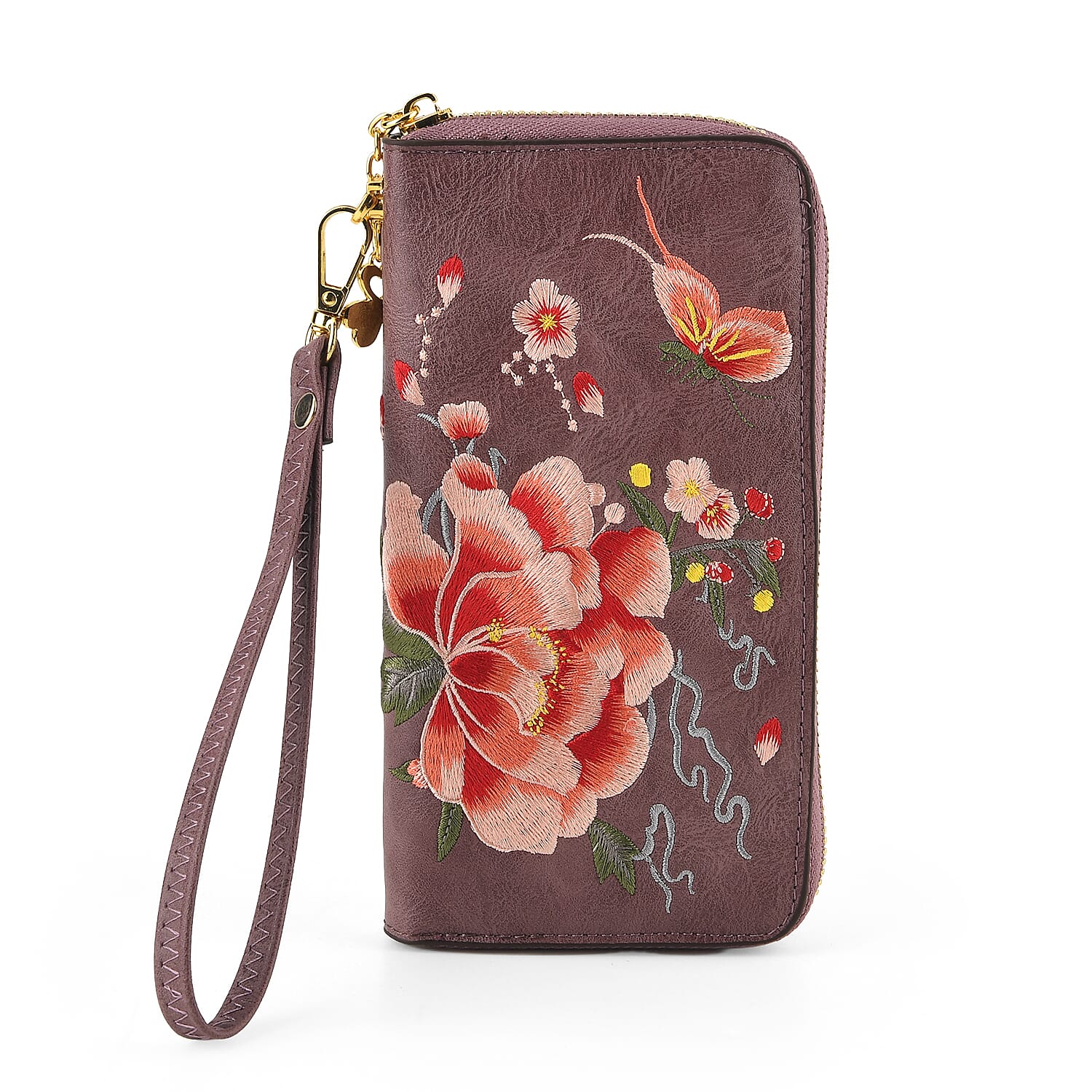 PU Embroidery Wallet (Size 19x10x3 ) - Coffee