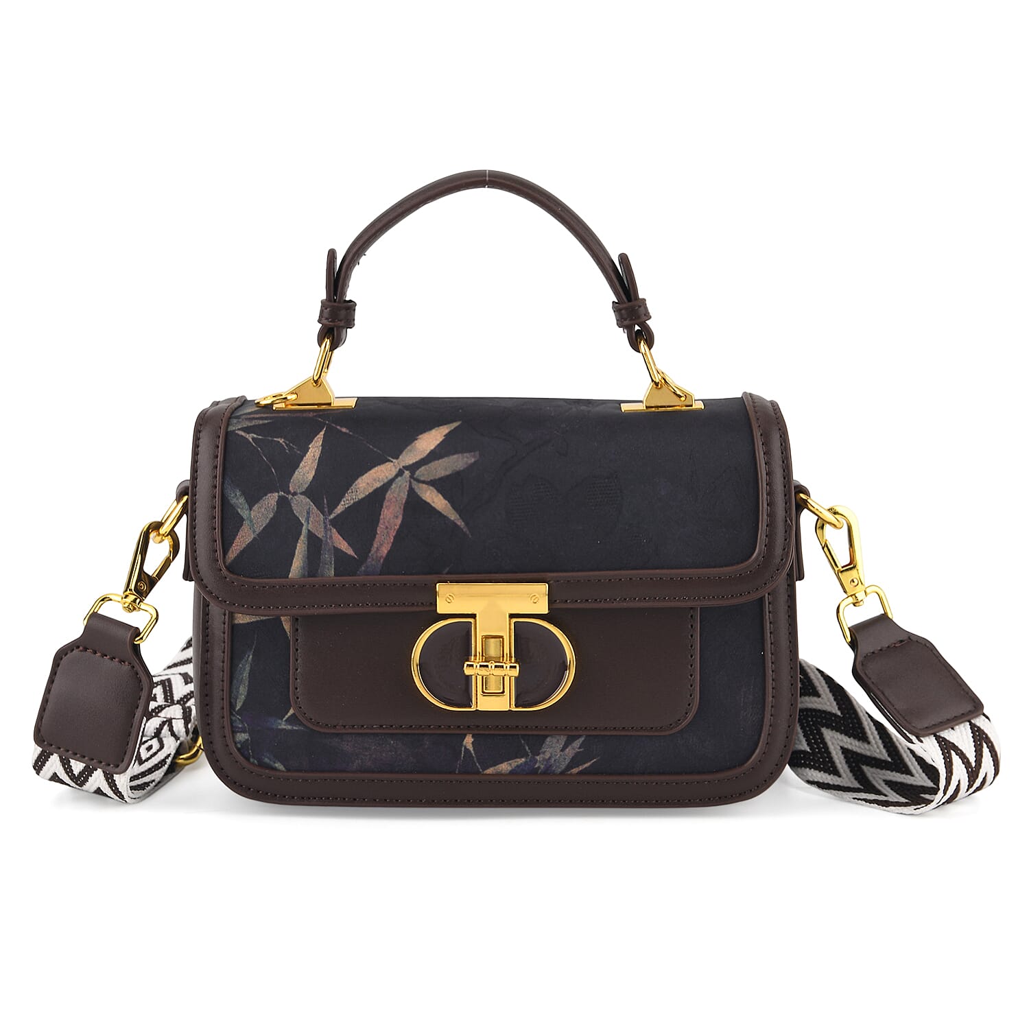 Designer Inspired Embroidered Top-Handle Satchel with Adjustable Crossbody Strap - Black & Brown