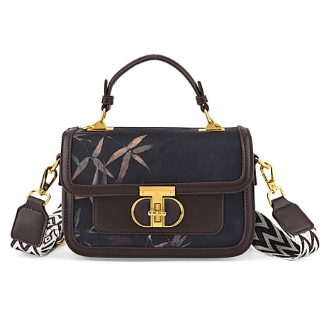 Designer Inspired Embroidered Top-Handle Satchel with Adjustable Crossbody Strap - Black & Brown