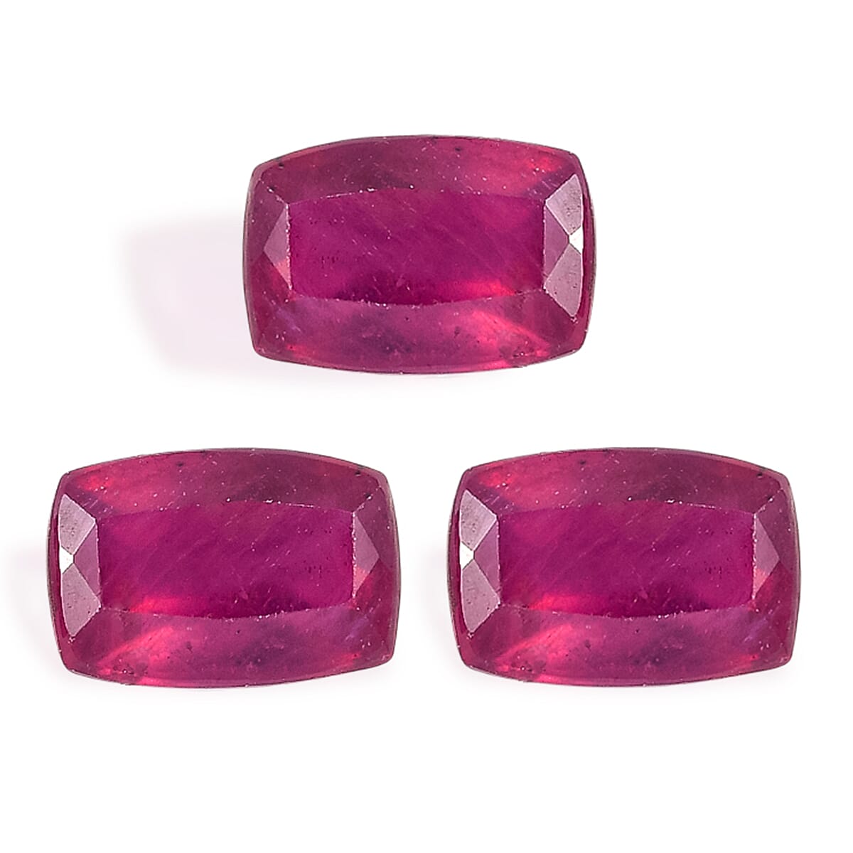 Set Of 3 Fissure Filled Ruby Cushion Cut 6X4 mm Gemstone, 2.39 Ct