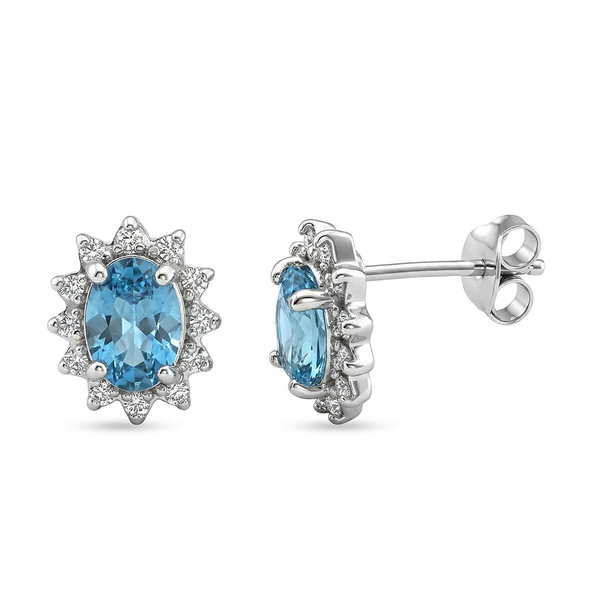 Ratanakiri Blue Zircon and Moissanite Sunburst Halo Earring with Push Back in Rhodium Overlay Sterling Silver 2.87 Ct.