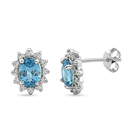 Ratanakiri Blue Zircon and Moissanite Sunburst Halo Earring with Push Back in Rhodium Overlay Sterling Silver 2.87 Ct.