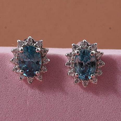 Ratanakiri Blue Zircon and Moissanite Sunburst Halo Earring with Push Back in Rhodium Overlay Sterling Silver 2.87 Ct.