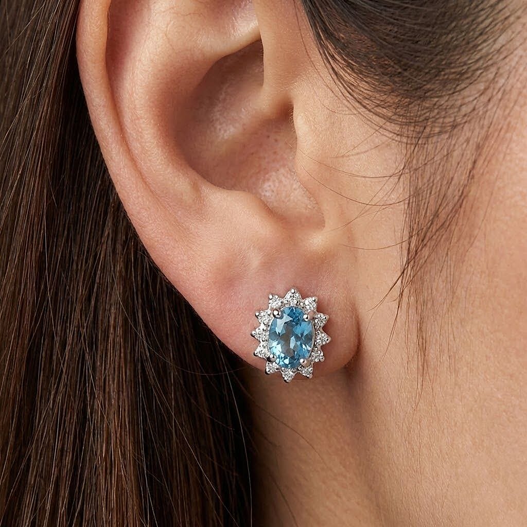 Ratanakiri Blue Zircon and Moissanite Sunburst Halo Earring with Push Back in Rhodium Overlay Sterling Silver 2.87 Ct.