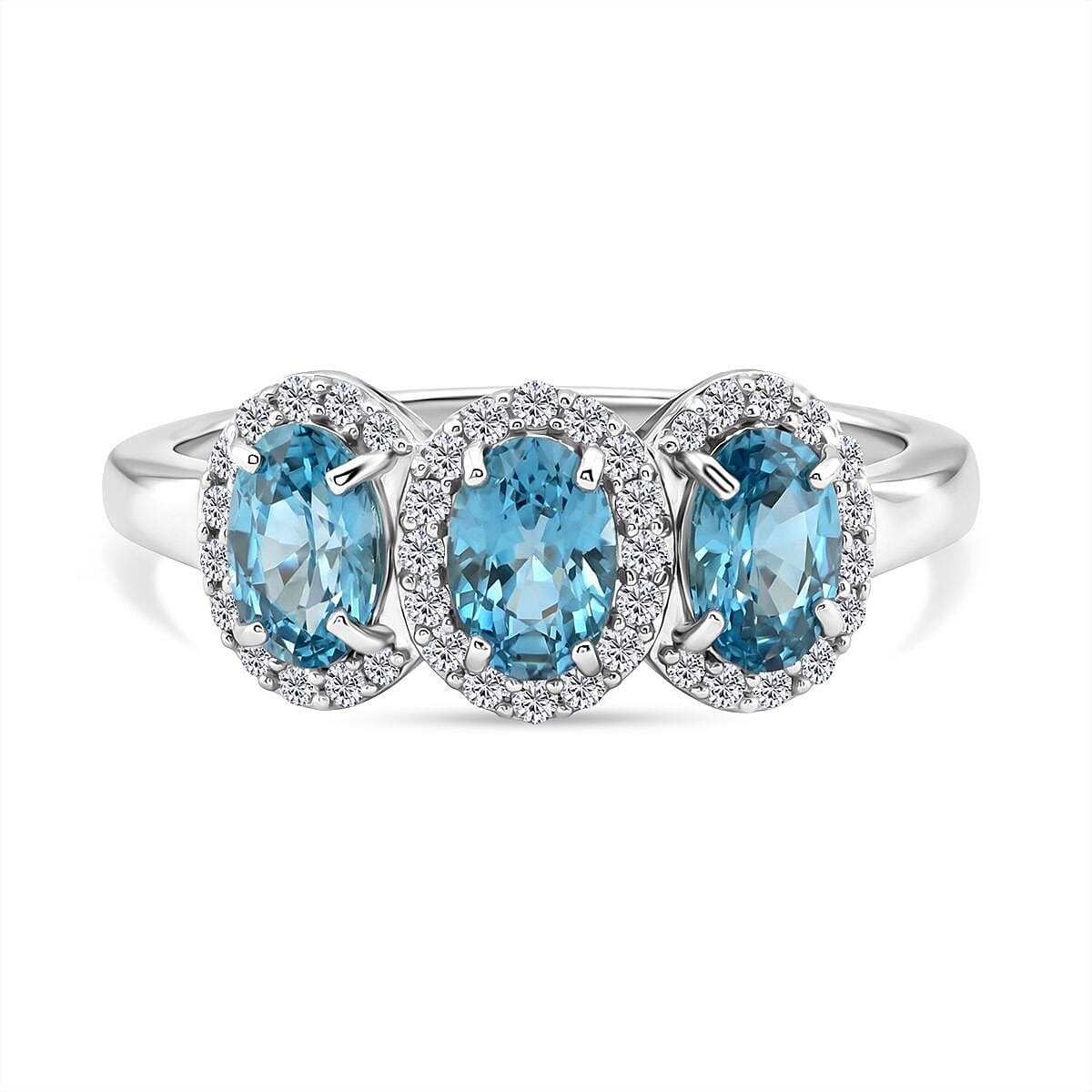 D'Joy Blue Zircon & White Zircon Trilogy Ring in Rhodium Overlay Sterling Silver 2.74 Ct.