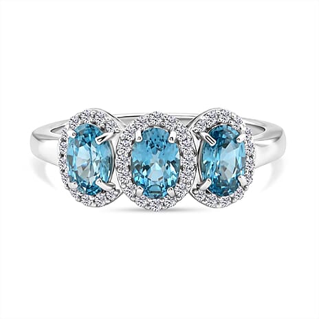 D'Joy Blue Zircon & White Zircon Trilogy Ring in Rhodium Overlay Sterling Silver 2.74 Ct.