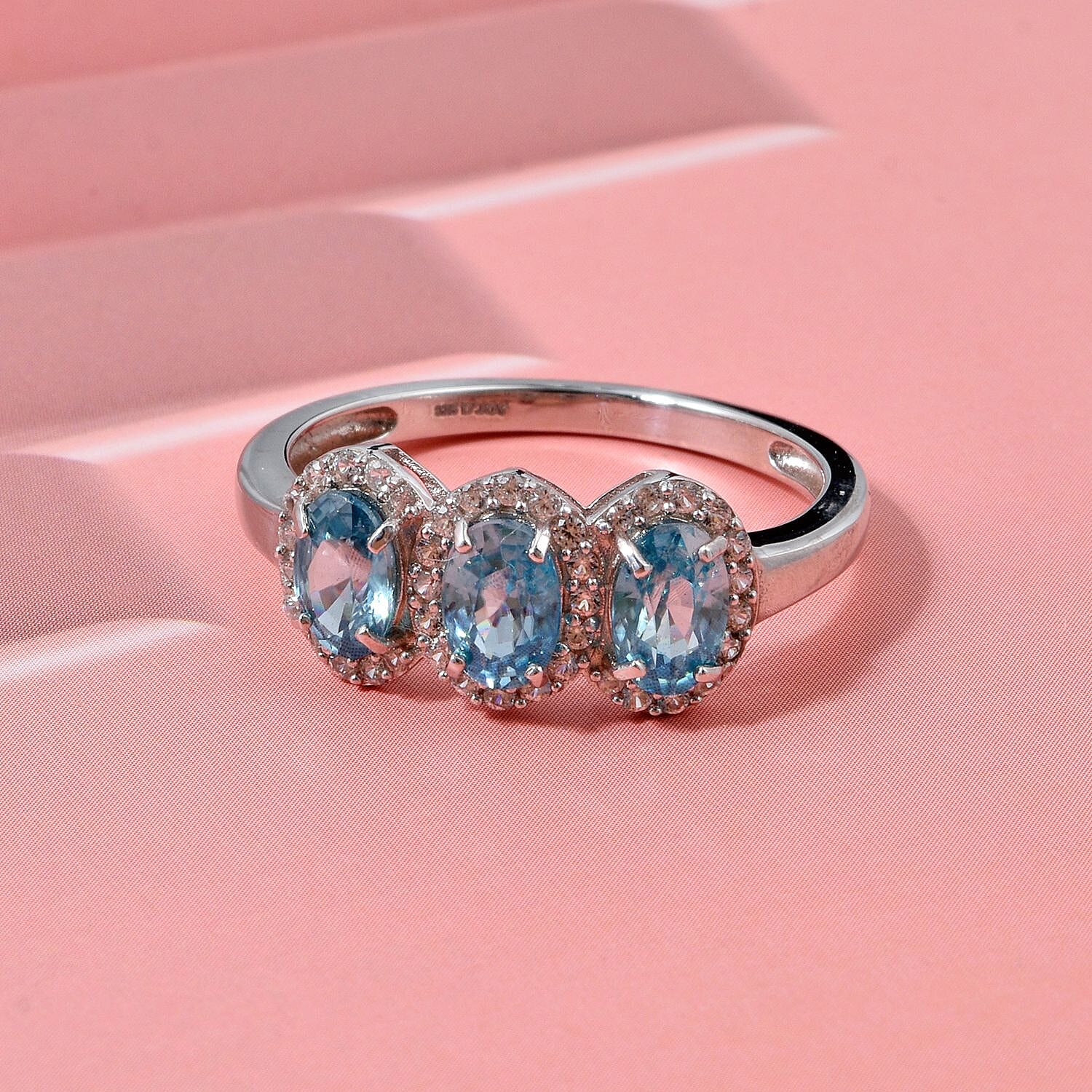 D'Joy Blue Zircon & White Zircon Trilogy Ring in Rhodium Overlay Sterling Silver 2.74 Ct.