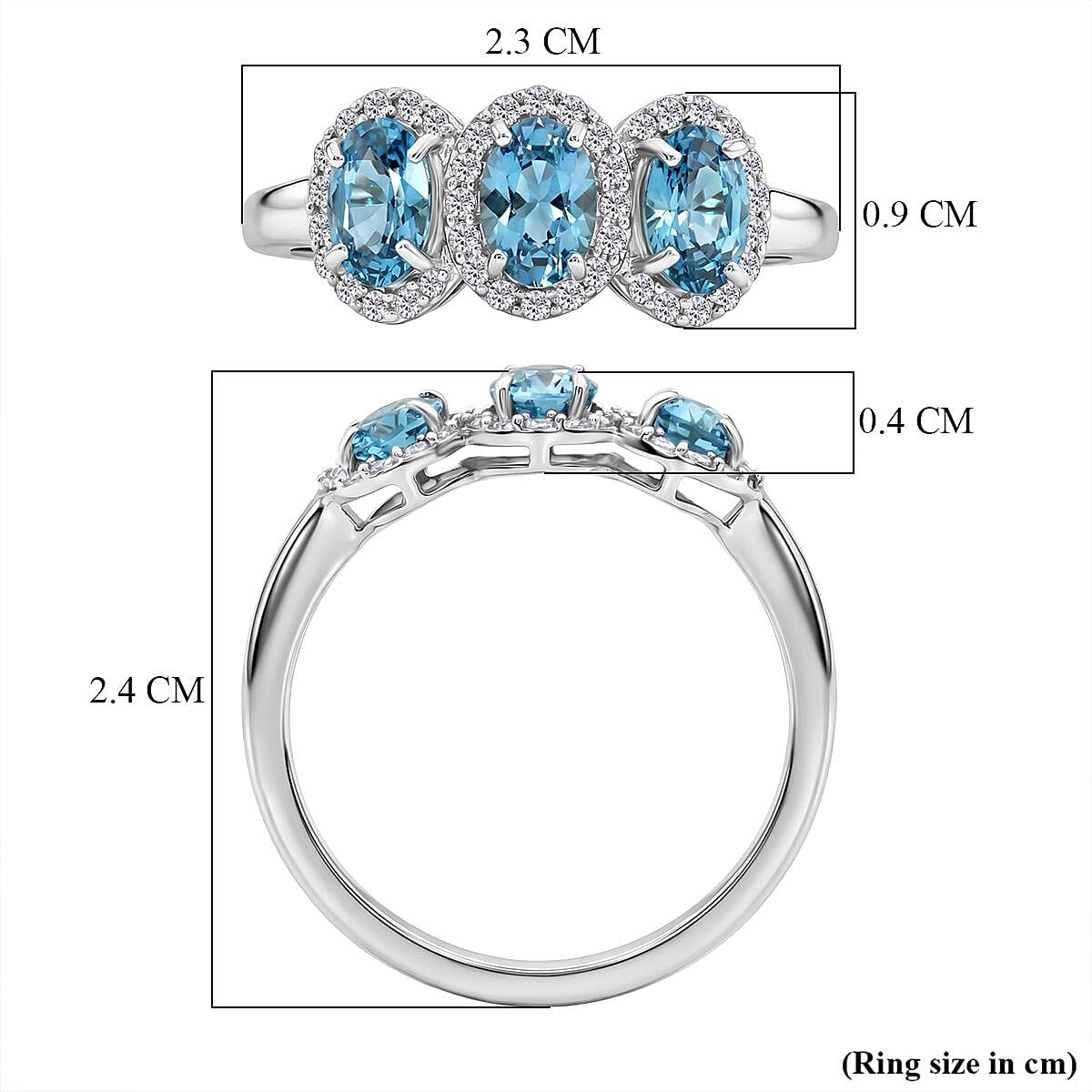 D'Joy Blue Zircon & White Zircon Trilogy Ring in Rhodium Overlay Sterling Silver 2.74 Ct.