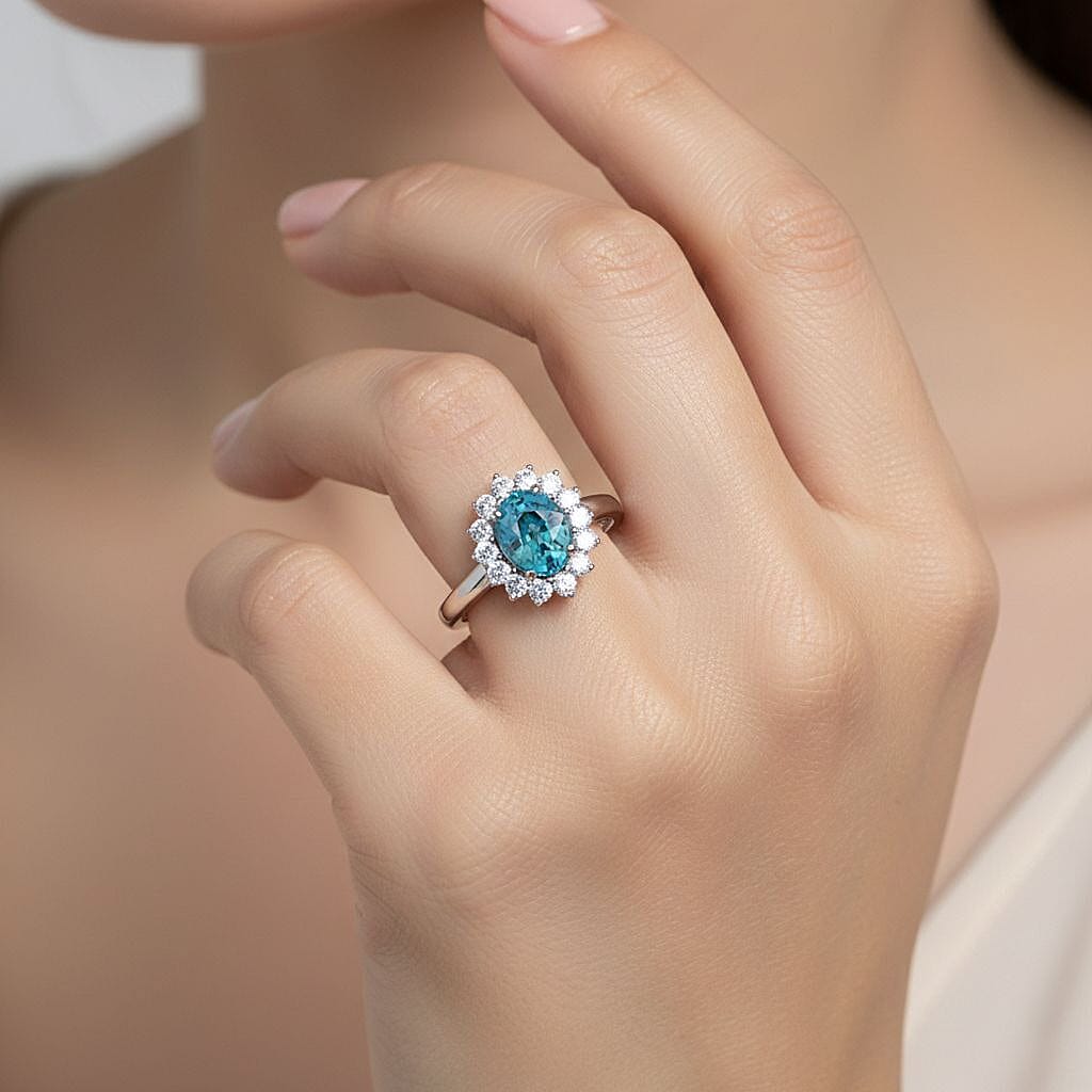 Ratanakiri Blue Zircon (Oval 2.00 Cts) and Lab Grown Diamond ( 0.50 Cts)  Ring in Rhodium Overlay Sterling Silver 2.50 Ct.
