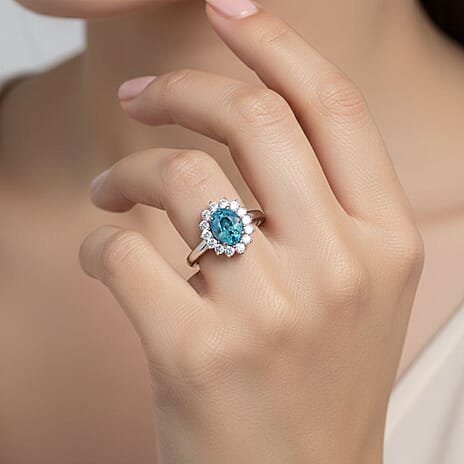 Ratanakiri Blue Zircon (Oval 2.00 Cts) and Lab Grown Diamond ( 0.50 Cts)  Ring in Rhodium Overlay Sterling Silver 2.50 Ct.