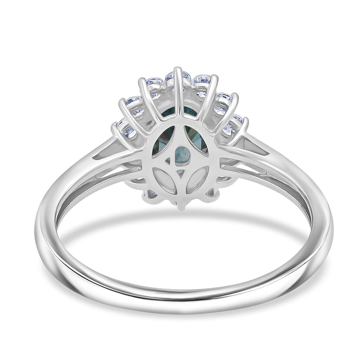 Ratanakiri Blue Zircon (Oval 2.00 Cts) and Lab Grown Diamond ( 0.50 Cts)  Ring in Rhodium Overlay Sterling Silver 2.50 Ct.
