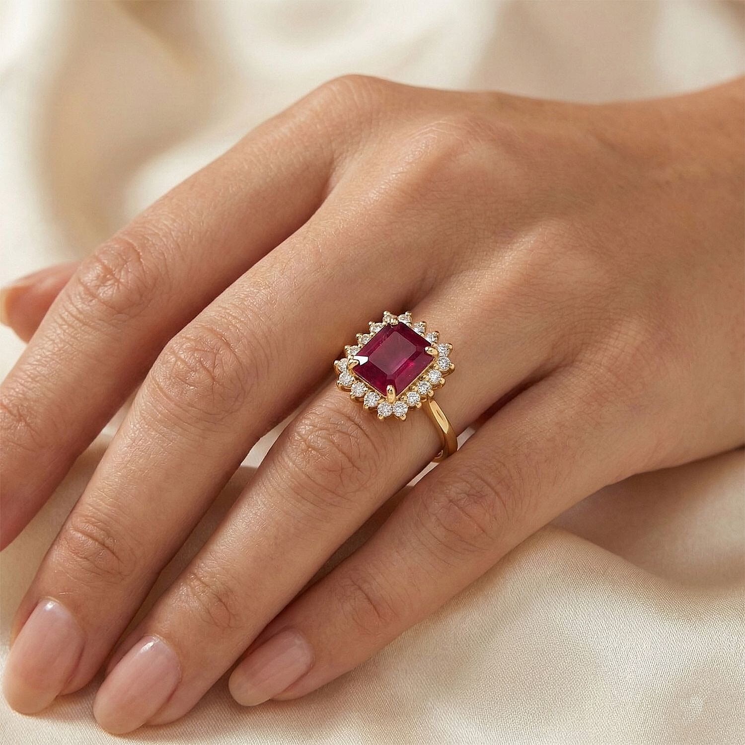 Premier African Ruby (4.5 Ct.) & Lab Grown Diamond SI-GH (0.60 Ct.) Emerald Cut Halo Ring in 18K Vermeil Yellow Gold Plated Sterling Silver 5.20 Ct.