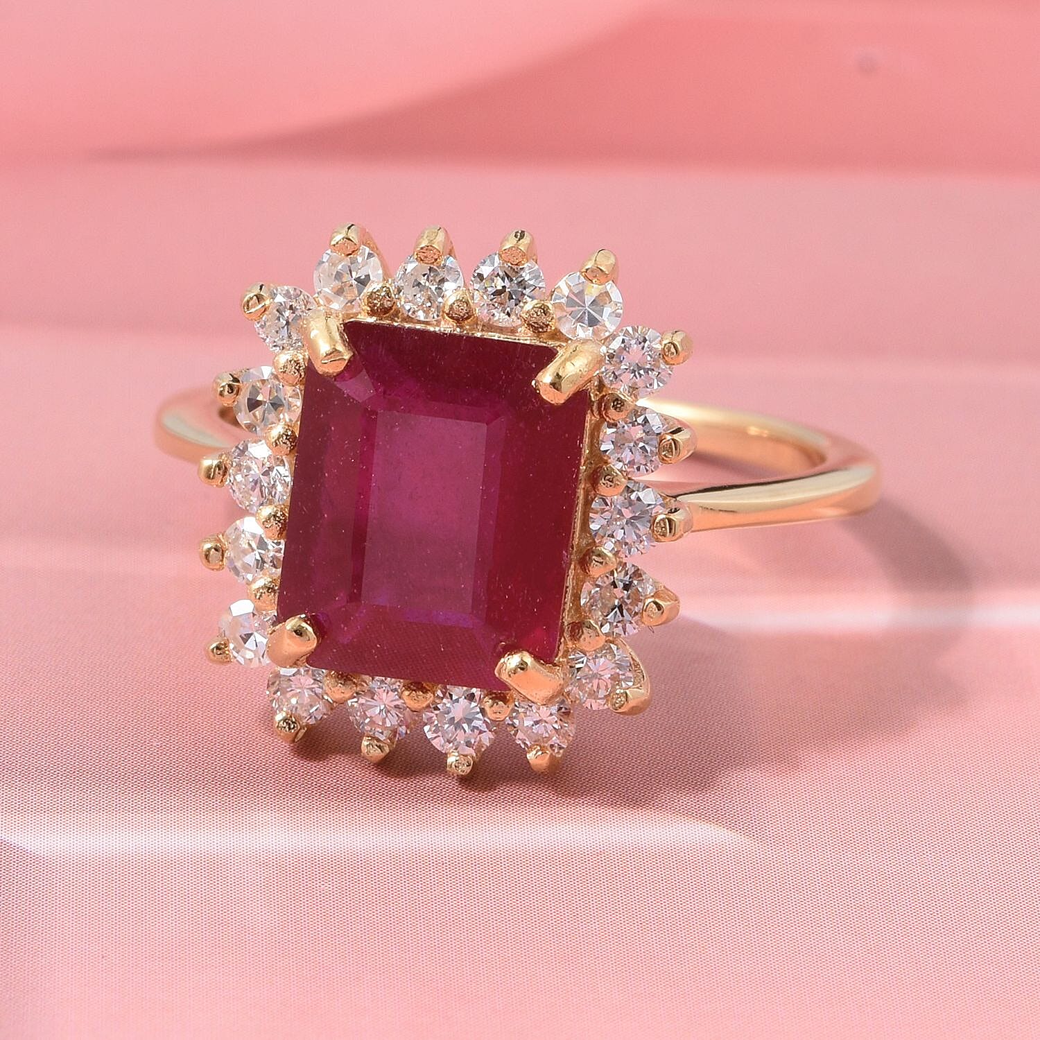 Premier African Ruby (4.5 Ct.) & Lab Grown Diamond SI-GH (0.60 Ct.) Emerald Cut Halo Ring in 18K Vermeil Yellow Gold Plated Sterling Silver 5.20 Ct.