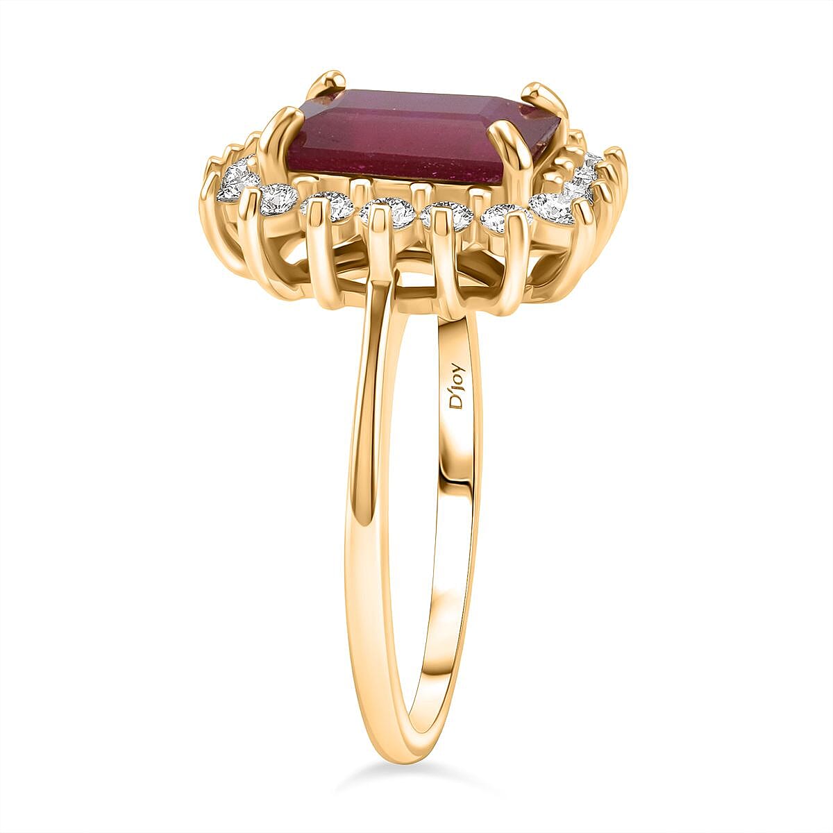 Premier African Ruby (4.5 Ct.) & Lab Grown Diamond SI-GH (0.60 Ct.) Emerald Cut Halo Ring in 18K Vermeil Yellow Gold Plated Sterling Silver 5.20 Ct.