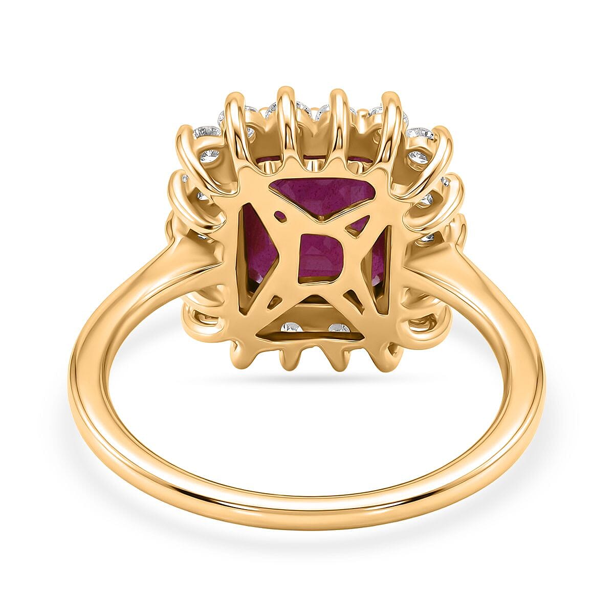 Premier African Ruby (4.5 Ct.) & Lab Grown Diamond SI-GH (0.60 Ct.) Emerald Cut Halo Ring in 18K Vermeil Yellow Gold Plated Sterling Silver 5.20 Ct.
