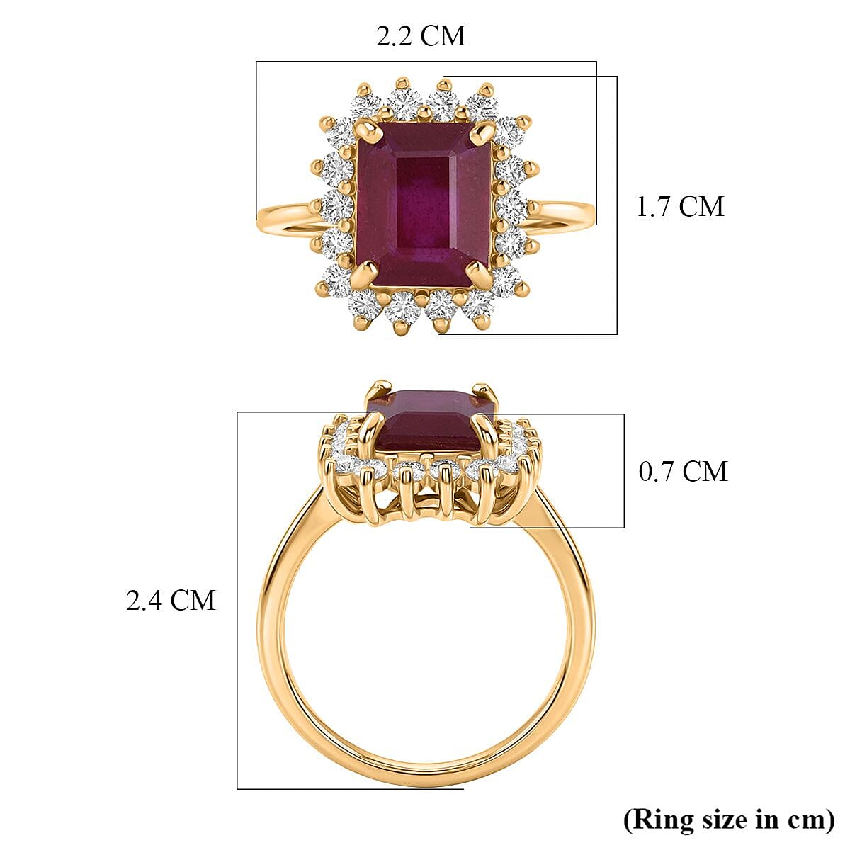 Premier African Ruby (4.5 Ct.) & Lab Grown Diamond SI-GH (0.60 Ct.) Emerald Cut Halo Ring in 18K Vermeil Yellow Gold Plated Sterling Silver 5.20 Ct.