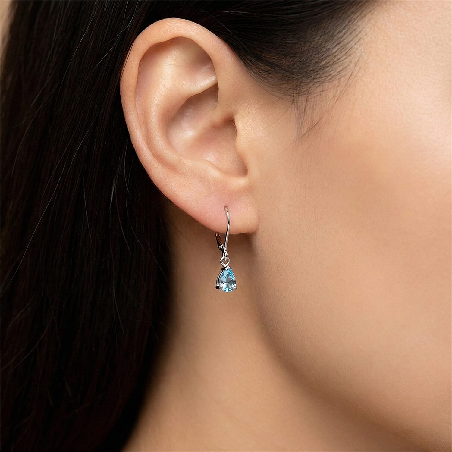 D'Joy Blue Zircon Solitaire Lever Back Earring in Rhodium Overlay Sterling Silver 1.80 Ct.