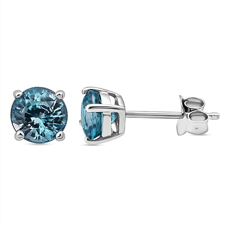 D'Joy Blue Zircon Solitaire Stud Earring with Push Back in Rhodium Overlay Sterling Silver 2.00 Ct.