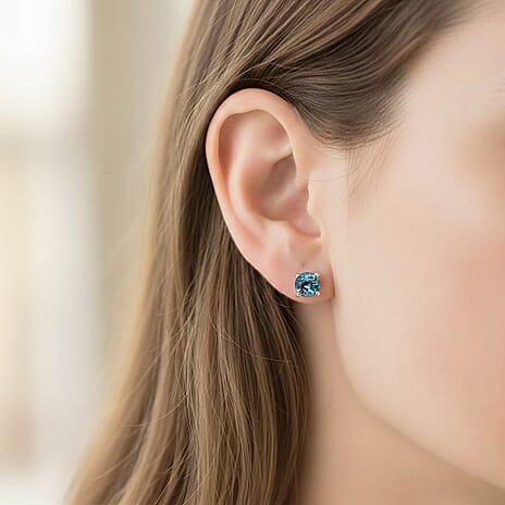 D'Joy Blue Zircon Solitaire Stud Earring with Push Back in Rhodium Overlay Sterling Silver 2.00 Ct.