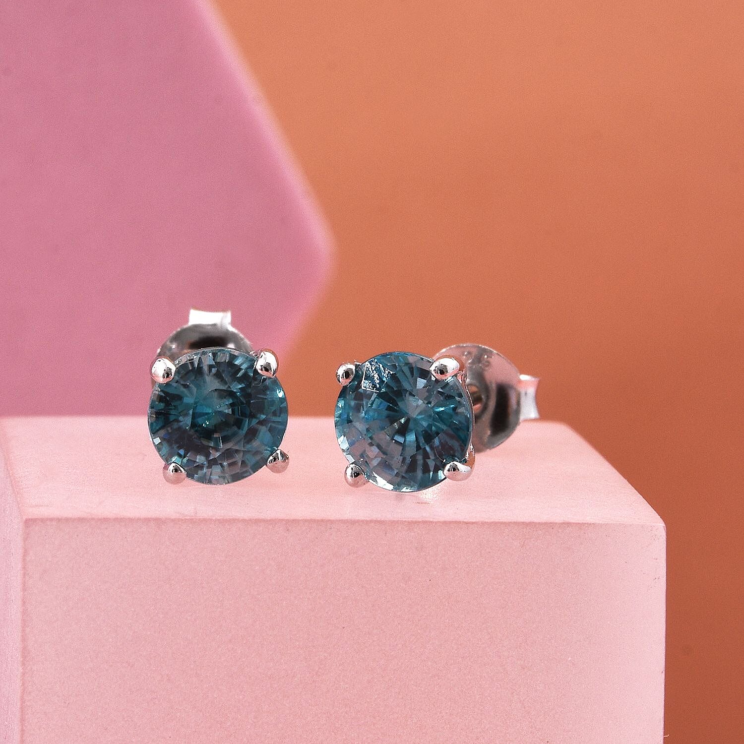D'Joy Blue Zircon Solitaire Stud Earring with Push Back in Rhodium Overlay Sterling Silver 2.00 Ct.