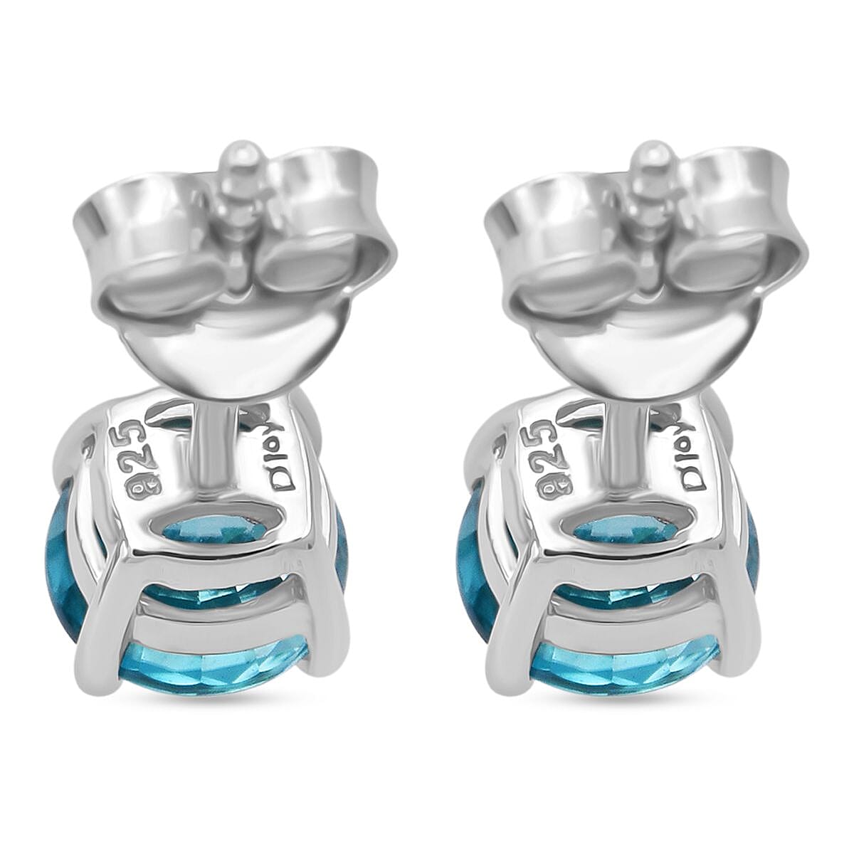 D'Joy Blue Zircon Solitaire Stud Earring with Push Back in Rhodium Overlay Sterling Silver 2.00 Ct.