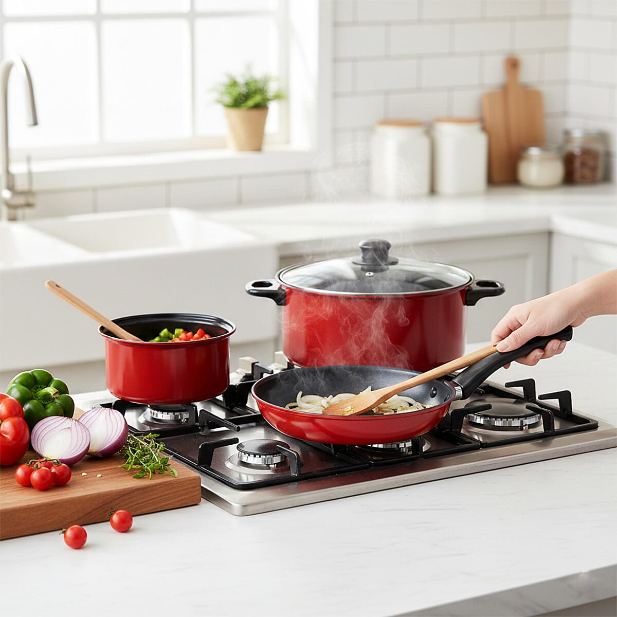 3 Piece Nonstick Cookware Set - Milk Pot, Stock Pot, Frying Pan with 1 Glass Lid Wisdom - Red