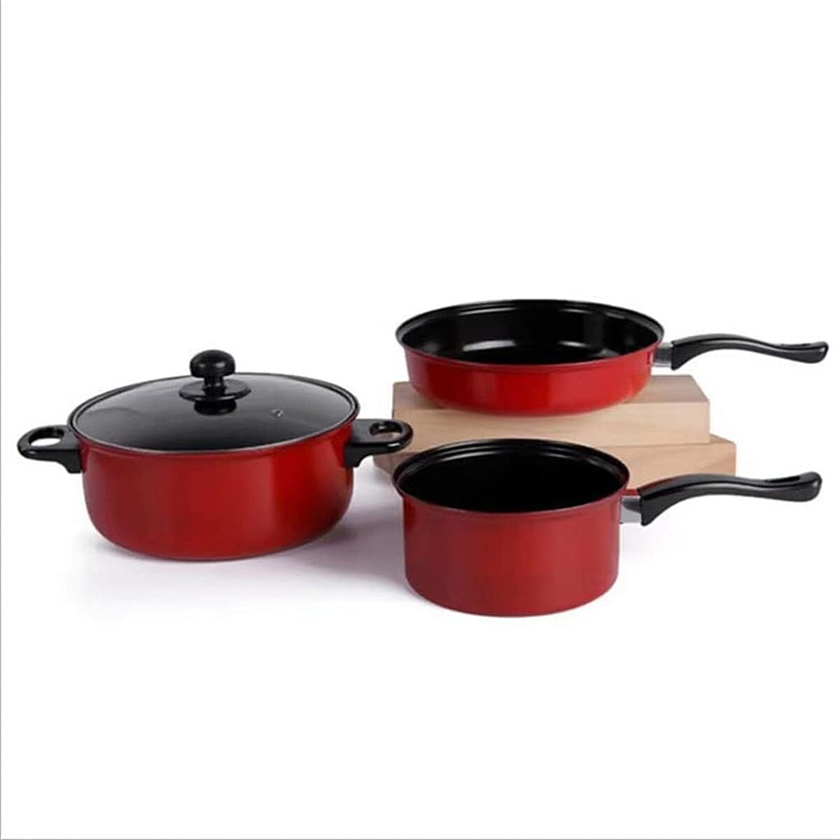 3 Piece Nonstick Cookware Set - Milk Pot, Stock Pot, Frying Pan with 1 Glass Lid Wisdom - Red