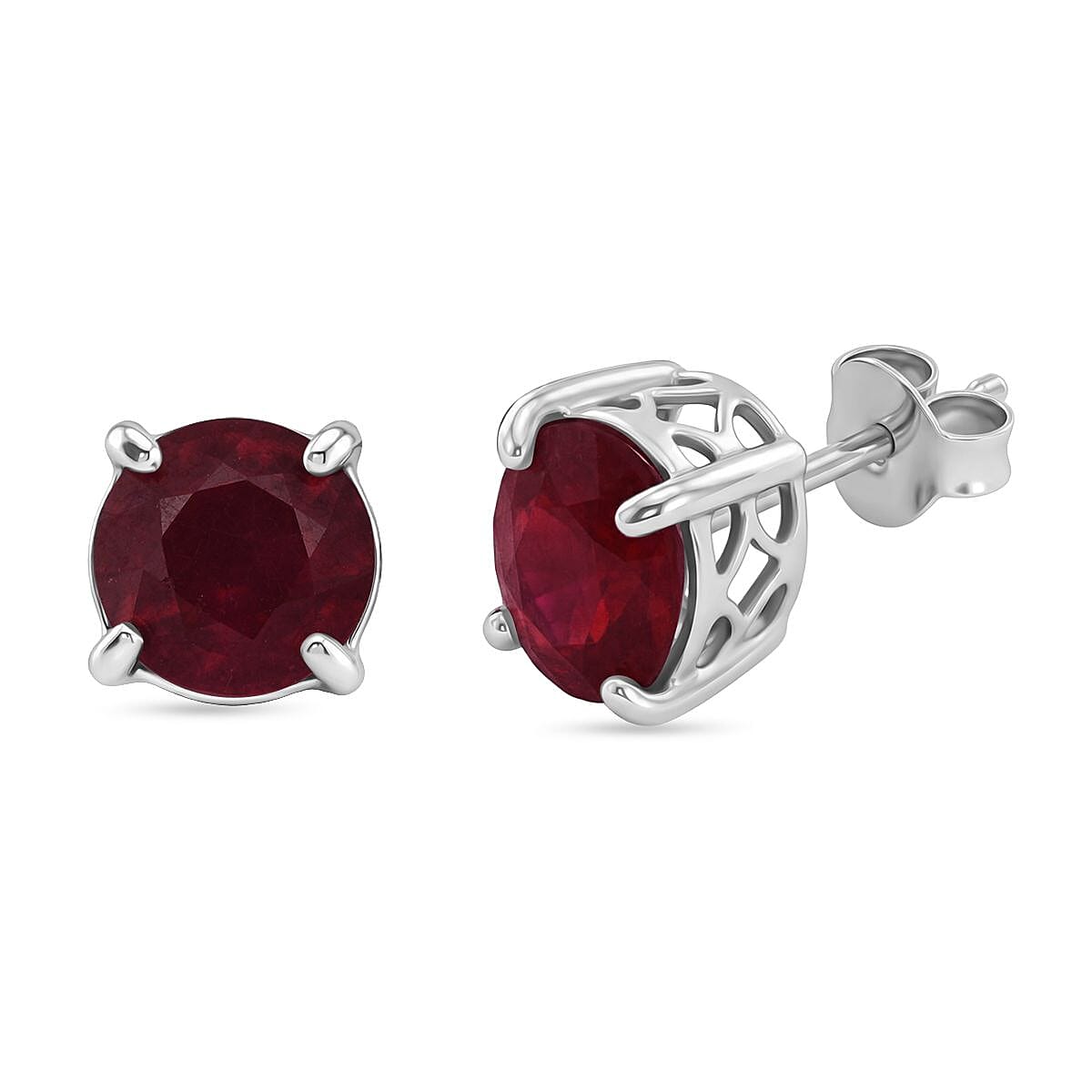 D'Joy African Ruby Solitaire Stud Push Post Earring in Rhodium Overlay Sterling Silver 5.00 Ct.