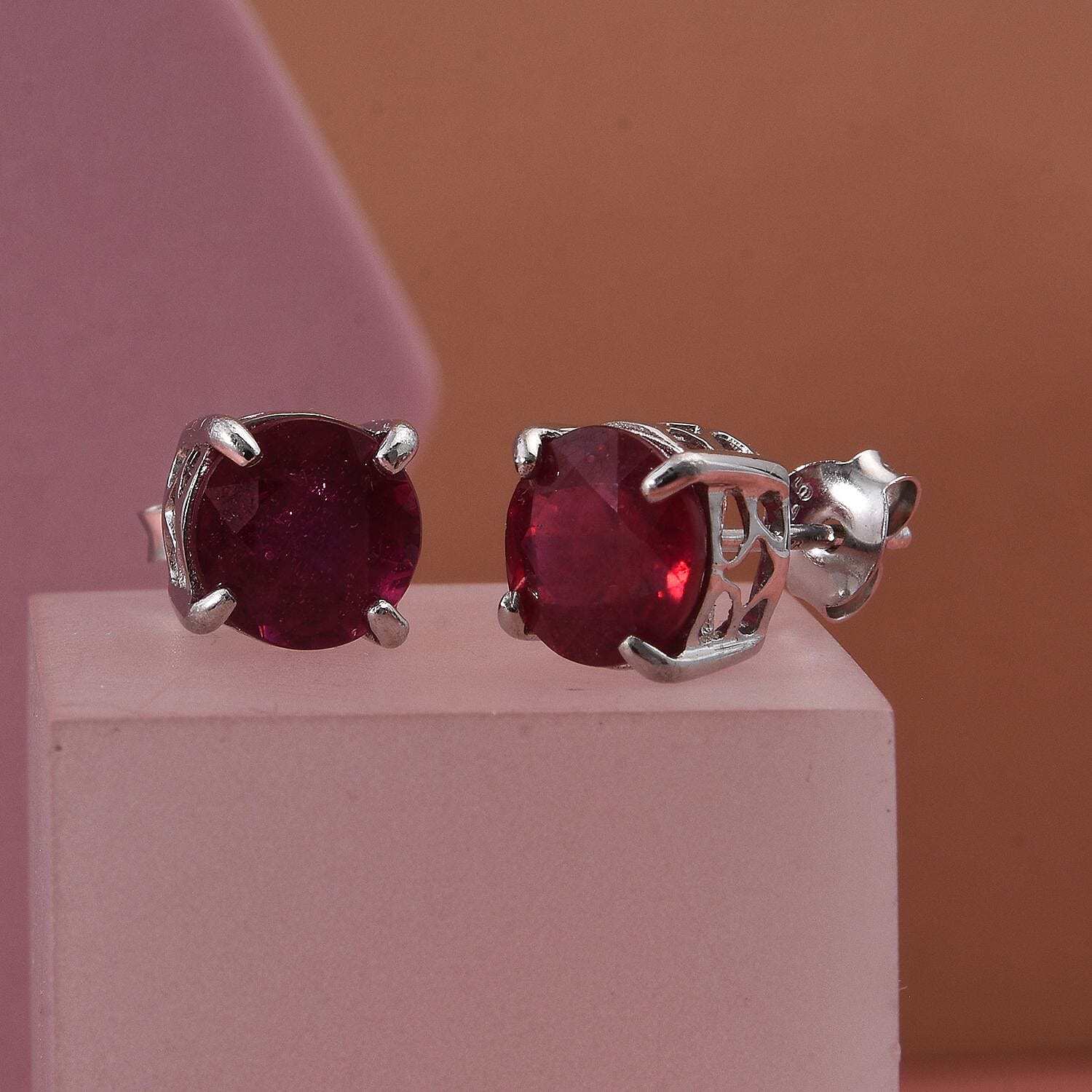 D'Joy African Ruby Solitaire Stud Push Post Earring in Rhodium Overlay Sterling Silver 5.00 Ct.