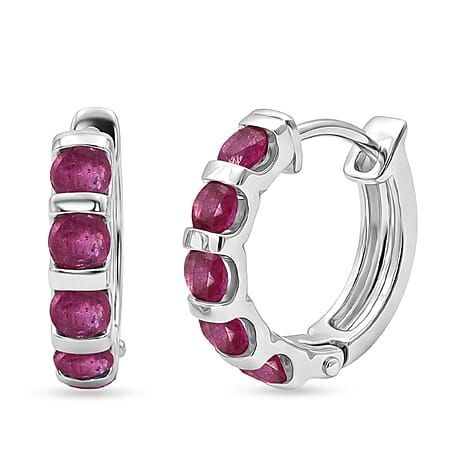 D'Joy African Ruby Huggie Hoop Earring in Rhodium Overlay Sterling Silver 1.70 Ct.