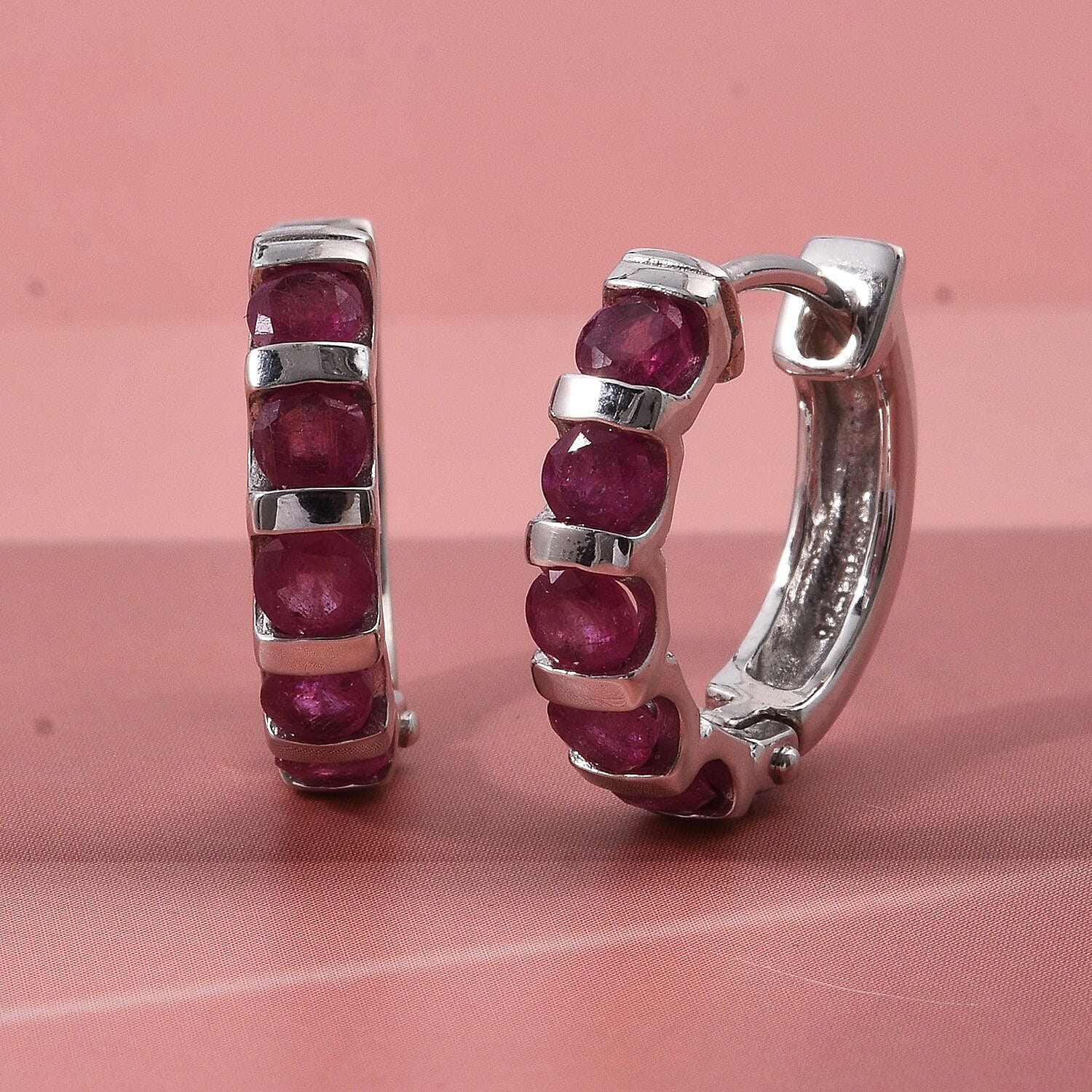 D'Joy African Ruby Huggie Hoop Earring in Rhodium Overlay Sterling Silver 1.70 Ct.