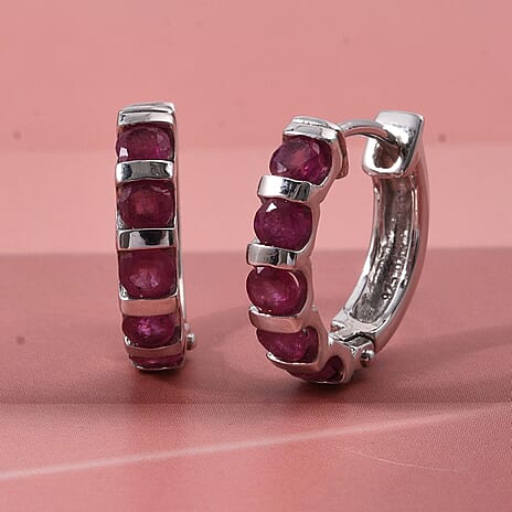 D'Joy African Ruby Huggie Hoop Earring in Rhodium Overlay Sterling Silver 1.70 Ct.