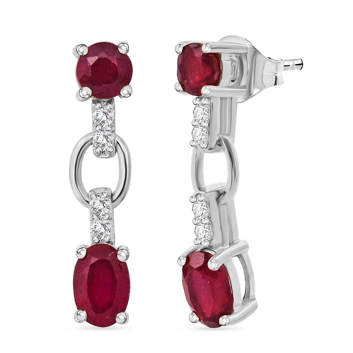 D'Joy African Ruby & White Zircon Link Drop Earring in Rhodium Overlay Sterling Silver 2.46 Ct.
