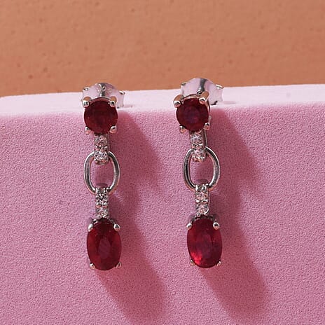 D'Joy African Ruby & White Zircon Link Drop Earring with Push Back in Rhodium Overlay Sterling Silver 2.46 Ct.