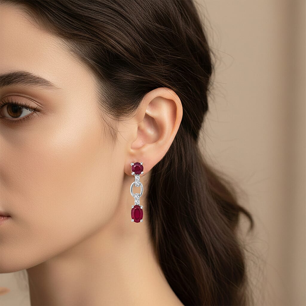 D'Joy African Ruby & White Zircon Link Drop Earring in Rhodium Overlay Sterling Silver 2.46 Ct.