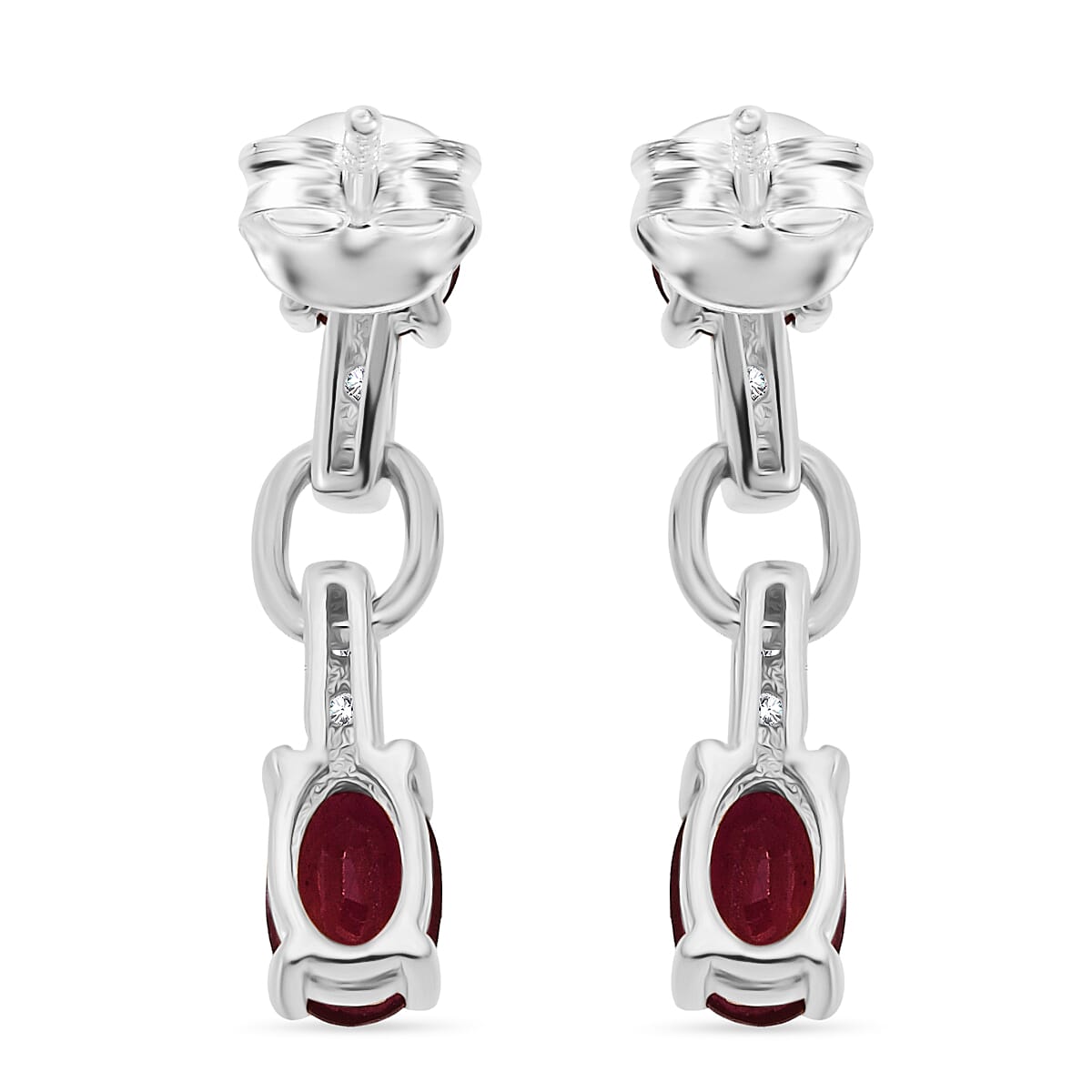 D'Joy African Ruby & White Zircon Link Drop Earring in Rhodium Overlay Sterling Silver 2.46 Ct.