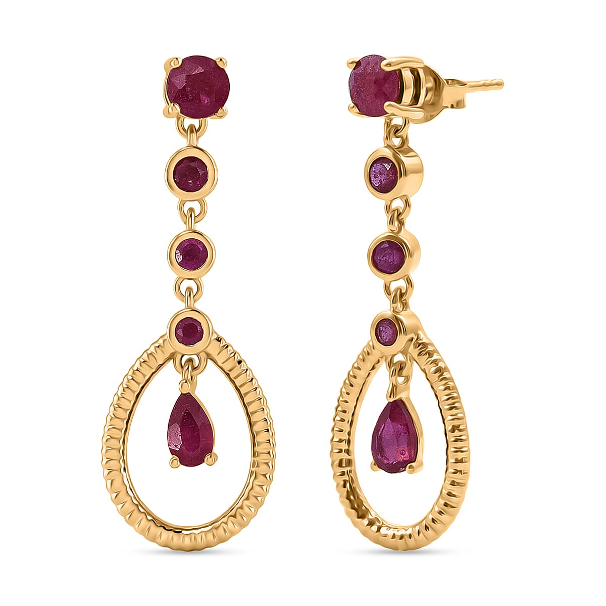 D'Joy African Ruby Teardrop Halo Earring with Push Back in Rhodium Overlay Sterling Silver 1.88 Ct.