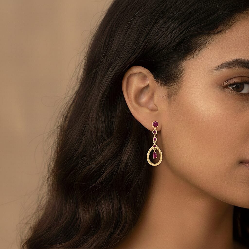 D'Joy African Ruby Teardrop Halo Earring with Push Back in Rhodium Overlay Sterling Silver 1.88 Ct.