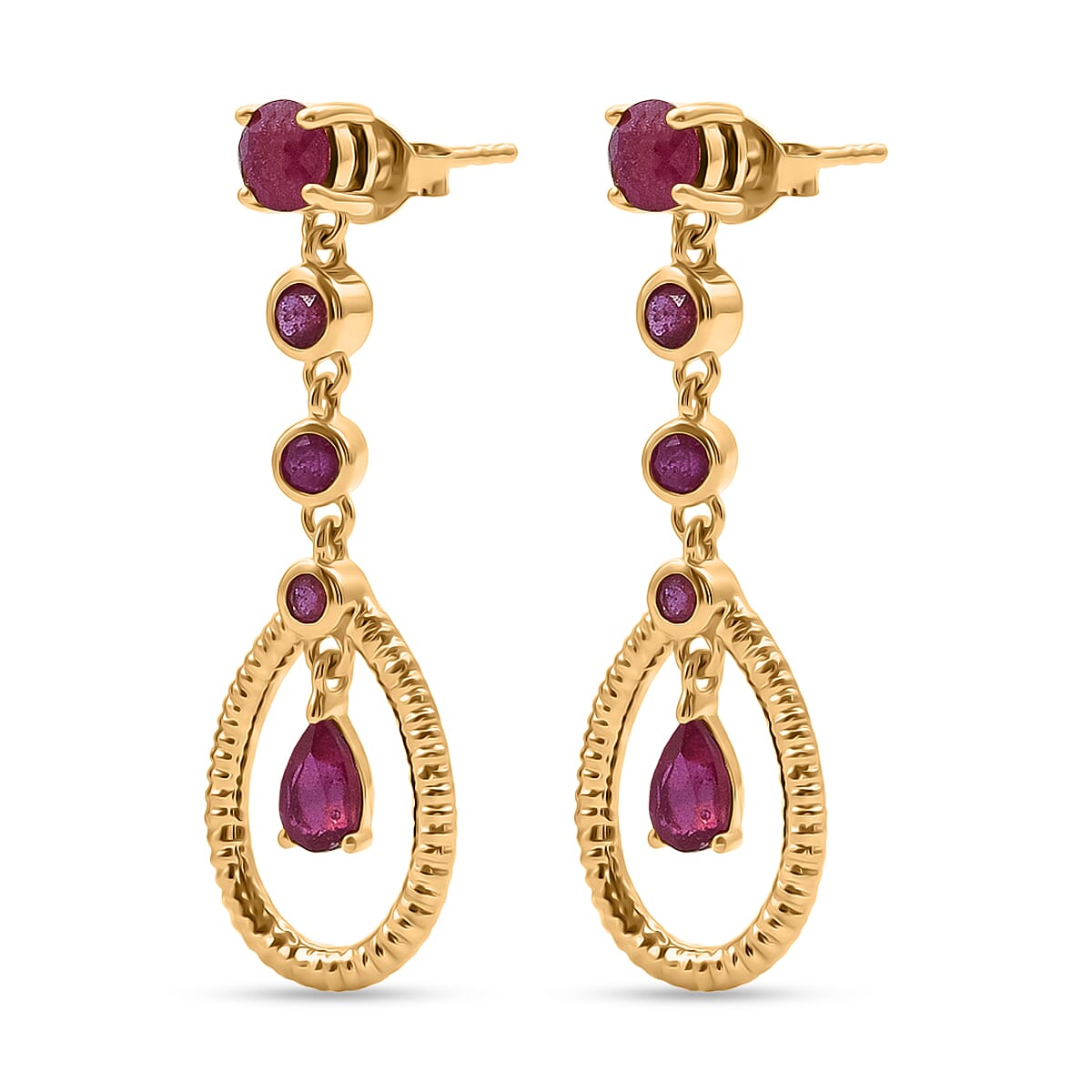 D'Joy African Ruby Teardrop Halo Earring with Push Back in Rhodium Overlay Sterling Silver 1.88 Ct.
