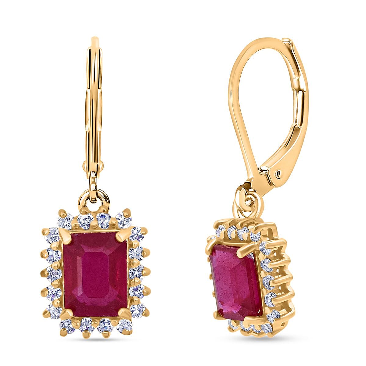 Premier African Ruby (4.5 Ct.) & SI-GH Lab Grown Diamond (0.60 Ct.) Halo Earring in 18K Vermeil Yellow Gold Plated Sterling Silver 5.00 Ct.