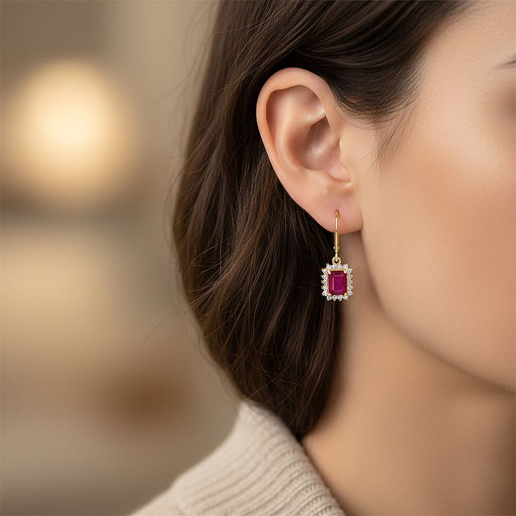 Premier African Ruby (4.5 Ct.) & SI-GH Lab Grown Diamond (0.60 Ct.) Halo Earring in 18K Vermeil Yellow Gold Plated Sterling Silver 5.00 Ct.